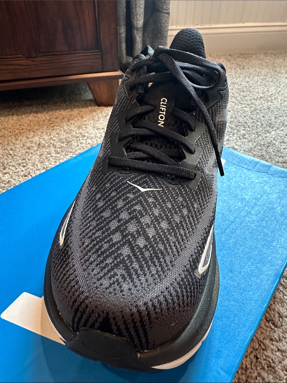 Hoka Clifton Men’s Running Shoe - Black and White Accents size 8 wide